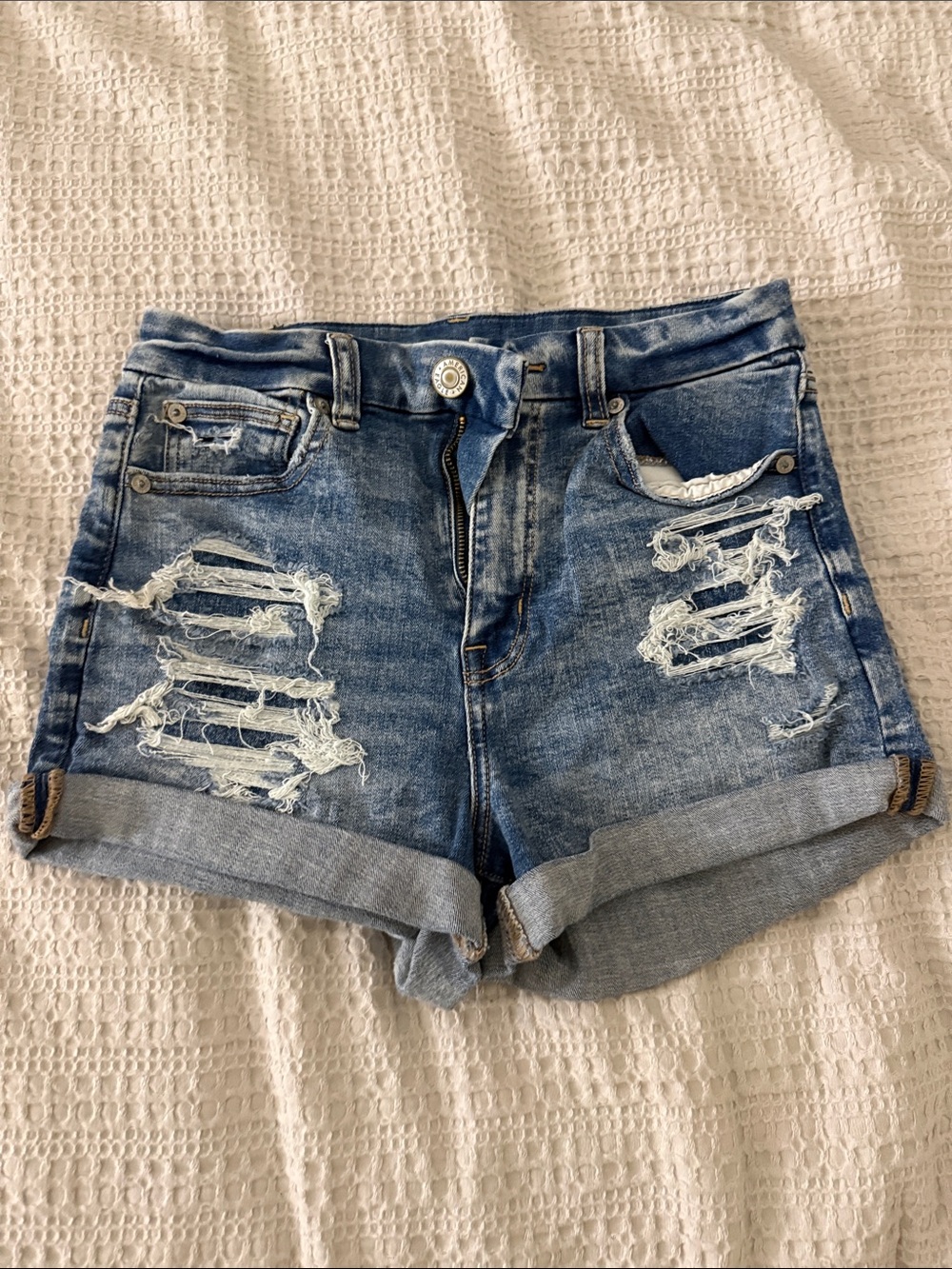 American Eagle Outfitters Distressed Rolled Hem Jean Shorts in Blue